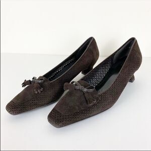 Stuart Weitzman Brown Suede Perforated Loafer Heel‎ w/Bow Mid Heel 7.5 Narrow